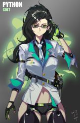 Rule 34 | 1girl, artist name, black hair, colt python, commentary, commentary request, dated, girls&#039; frontline, glasses, gloves, green eyes, grey background, gun, hand in own hair, handgun, highres, looking at viewer, nail polish, necktie, python (girls&#039; frontline), revolver, short shorts, shorts, signature, thighhighs, weapon, zzq
