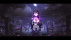 Rule 34 | 1girl, absurdres, akemi homura, black hair, black hairband, black pantyhose, black theme, blouse, buckler, capelet, chair, chromatic aberration, cloud, cloudy sky, crying, crying with eyes open, cupping hands, dark clouds, dot nose, english text, field, flat chest, frilled skirt, frills, furrowed brow, glowing, grass, grey capelet, hairband, half moon, hands up, high collar, highres, letterboxed, light particles, light rays, liquid, long hair, long sleeves, looking at viewer, magical girl, mahou shoujo madoka magica, mahou shoujo madoka magica: hangyaku no monogatari, momuraer, moon, moonlight, neck ribbon, night, night sky, on chair, outdoors, own hands together, pantyhose, parted lips, purple eyes, purple ribbon, purple theme, ribbon, sad, shadow, shield, shirt, sitting, skirt, sky, solo, soul gem, sparkle, splatter, streaming tears, tears, text focus, too many, tsurime, white shirt, wide shot