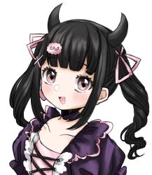 Rule 34 | 1girl, :d, black hair, black hairband, black horns, blunt bangs, choker, commentary request, curly hair, demon horns, denonbu, dress, earrings, fake horns, hair ornament, hair ribbon, hairband, heart, heart earrings, horns, jewelry, long hair, looking at viewer, open mouth, pink eyes, pink ribbon, purple choker, purple dress, purple kawaiine, reml, ribbon, simple background, smile, solo, twintails, upper body, white background, x hair ornament