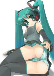 Rule 34 | 1girl, aqua eyes, aqua hair, ass, bad id, bad pixiv id, black thighhighs, blue panties, detached sleeves, hatsukane tsukasa, hatsune miku, headset, highres, house mouse man, long hair, lying, on side, panties, pantyshot, pleated skirt, skirt, solo, striped clothes, striped panties, thighhighs, twintails, underwear, upskirt, very long hair, vocaloid, white panties