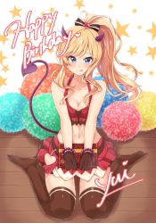Rule 34 | 10s, 1girl, :q, bare shoulders, bead bracelet, beads, blonde hair, blue eyes, blush, bow, box, bracelet, breasts, brown bow, brown gloves, brown thighhighs, character name, cleavage, crop top, demon horns, demon tail, english text, fake horns, full body, gift, gift box, gloves, hair bow, halterneck, hands on own thighs, happy birthday, heart, holding, holding gift, horns, idolmaster, idolmaster cinderella girls, jewelry, jiino, long hair, looking at viewer, midriff, miniskirt, navel, no shoes, ohtsuki yui, ponytail, red shirt, red skirt, ribbon, shirt, sidelocks, sitting, skirt, sleeveless, sleeveless shirt, small breasts, smile, solo, star (symbol), stomach, tail, thighhighs, tongue, tongue out, wariza, white background, wooden floor, yellow ribbon, zettai ryouiki