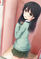 Rule 34 | 10s, 1girl, alternate costume, black hair, blush, brown eyes, cardigan, casual, cowboy shot, dutch angle, from side, green skirt, hand on own chest, highres, indoors, kantai collection, long hair, long sleeves, looking at viewer, looking back, miniskirt, open mouth, plaid, plaid skirt, skirt, solo, tsuchikure, ushio (kancolle)