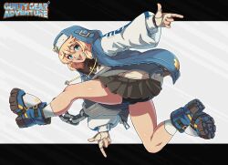 Rule 34 | 1boy, aqua eyes, bike shorts under skirt, black skirt, blonde hair, boots, bridget (guilty gear), bulge, cuffs, fingerless gloves, full body, gloves, guilty gear, guilty gear strive, highres, hood, hoodie, jacket, long sleeves, looking at viewer, miniskirt, open mouth, outstretched arms, parody, puffy long sleeves, puffy sleeves, simple background, skirt, smile, sonic (series), sonic adventure, teeth, trap