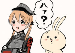 Rule 34 | 1girl, anchor hair ornament, aqua eyes, artist self-insert, blonde hair, blush stickers, camouflage, chiikawa, commentary request, grey headwear, hair ornament, hat, kantai collection, long hair, low twintails, military, military hat, military uniform, original, peaked cap, prinz eugen (kancolle), rabbit, smile, twintails, uniform, upper body, white background, wss (nicoseiga19993411)