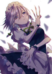 Rule 34 | 1girl, apron, arm up, back bow, between fingers, blue dress, blue eyes, bow, braid, breasts, closed mouth, collared shirt, commentary request, dress, expressionless, frilled apron, frilled dress, frills, green ribbon, hair between eyes, hair ribbon, holding, holding knife, izayoi sakuya, kirisita, knife, knives between fingers, large breasts, lips, maid, maid apron, maid headdress, medium hair, one-hour drawing challenge, puffy short sleeves, puffy sleeves, ribbon, sash, shirt, short sleeves, silver hair, simple background, solo, standing, touhou, tress ribbon, twin braids, upper body, white apron, white background, white sash, wing collar, wrist cuffs