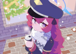 Rule 34 | 1girl, armband, black ribbon, blue archive, blue eyes, blue hat, blue jacket, blush, can, canned coffee, christmas present, christmas tree, closed mouth, commentary request, crossed bangs, drink can, from above, gift, hair between eyes, hair ribbon, halo, hat, holding, holding can, iroha (blue archive), jacket, long hair, looking at viewer, outdoors, peaked cap, red armband, red hair, ribbon, safety pin, scarf, sidelocks, slit pupils, smile, snowing, solo, stone floor, very long hair, walking, wavy hair, white scarf, window, yantora (toraya)