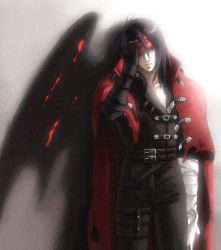 Rule 34 | 1990s (style), 1boy, bandages, belt, black hair, cape, coat, demon, final fantasy, final fantasy vii, gloves, hair over one eye, long hair, male focus, red cape, red eyes, solo, vincent valentine, wings