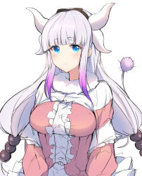 Rule 34 | 10s, 1girl, 28aarts, absurdres, aged up, beads, black hairband, blouse, blue eyes, blunt bangs, breasts, buttons, capelet, dragon horns, expressionless, frilled shirt, frills, fur collar, gradient hair, hair beads, hair ornament, hairband, highres, horns, kanna kamui, kobayashi-san chi no maidragon, large breasts, light purple hair, long hair, looking at viewer, multicolored hair, pink shirt, purple hair, shirt, simple background, sketch, solo, tail, upper body, white background