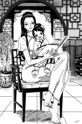 Rule 34 | 2girls, age difference, barefoot, book, character request, dress, feet, japanese clothes, kimono, long hair, monochrome, multiple girls, nico robin, one piece, reading, sitting, smile, soles, toes