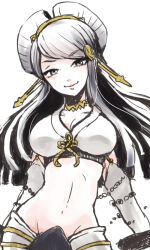 Rule 34 | 1girl, breasts, choker, comb, double bun, fire emblem, fire emblem fates, hair bun, japanese clothes, jewelry, large breasts, light smile, looking at viewer, midriff, momoge huto, navel, nintendo, orochi (fire emblem), purple hair, solo