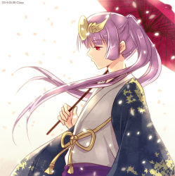 Rule 34 | 1girl, androgynous, artist name, bad id, bad pixiv id, chisa, dated, holding, japanese clothes, long hair, oil-paper umbrella, petals, profile, purple hair, puzzle &amp; dragons, red eyes, ribbon, solo, twintails, umbrella, yomi (p&amp;d)
