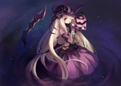 Rule 34 | 1girl, bare shoulders, black eyes, blonde hair, bow, clothing cutout, collar, detached sleeves, dress, frills, gloves, gothic lolita, hair over one eye, hand to own mouth, hat, holding, lantern, lolita fashion, long hair, open mouth, pandora (p&amp;d), purple eyes, puzzle &amp; dragons, ribbon, ripples, side cutout, sitting, sky, solo, star (sky), starry sky, strap, very long hair, wings, zek (zecola)