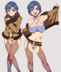 Rule 34 | 1girl, animal print, belt, bishoujo senshi sailor moon, blue eyes, blue hair, breasts, cleft of venus, contrapposto, cross, cross necklace, fingernails, fishnet thighhighs, fishnets, halterneck, jacket, jewelry, large breasts, leopard print, mizuno ami, mizuryu kei, multiple views, necklace, nipples, panties, prostitution, standing, thighhighs, tongue, tongue out, transparent, underwear