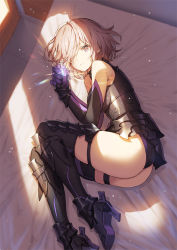 Rule 34 | 1girl, armor, armored dress, ass, bad id, bad pixiv id, bare shoulders, blush, breasts, commentary request, elbow gloves, fate/grand order, fate (series), faulds, gloves, hair over one eye, high heels, large breasts, leotard, light purple hair, looking at viewer, lying, mash kyrielight, on bed, on side, photoshop (medium), purple eyes, purple gloves, purple leotard, purple thighhighs, saitou masatsugu, short hair, solo, thigh strap, thighhighs, thighs