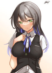 Rule 34 | 1girl, ayuman, black hair, black vest, blue ribbon, breasts, dress shirt, hair ornament, hairclip, kantai collection, long hair, looking at viewer, medium breasts, neck ribbon, oyashio (kancolle), ribbon, school uniform, shirt, short sleeves, signature, simple background, solo, upper body, vest, white background, white shirt