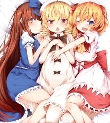 Rule 34 | 3girls, black bow, blonde hair, blue bow, blue dress, blue eyes, blunt bangs, blush, bow, brown hair, buta (uhoiiotoko), chestnut mouth, child, closed mouth, commentary request, dress, drill hair, fang, frilled dress, frills, girl sandwich, hair bow, hat, highres, long hair, looking at viewer, luna child, lying, multiple girls, one eye closed, open mouth, own hands together, puffy short sleeves, puffy sleeves, red bow, red eyes, red skirt, sandwiched, short hair, short sleeves, skin fang, skirt, smile, star sapphire, sunny milk, sweatdrop, thighhighs, touhou, very long hair, white bow, white dress, white legwear, yellow eyes