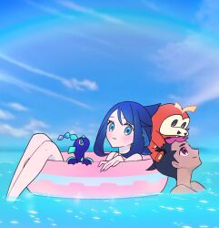 Rule 34 | 1boy, 1girl, afloat, aqua eyes, blue hair, blush, closed mouth, cloud, commentary, cowlick, creatures (company), dark-skinned male, dark skin, day, fuecoco, game freak, hand up, highres, innertube, knees, liko (pokemon), looking to the side, nintendo, on head, outdoors, pokemon, pokemon (anime), pokemon (creature), pokemon horizons, pokemon on head, rei hinketsu, roy (pokemon), sky, smile, swim ring, symbol-only commentary, terapagos, twitter username, water, watermark