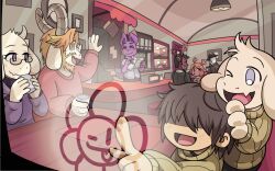 1other 3girls 4boys animal_ears antlers asriel_dreemurr blue_eyes brown_hair chara_(undertale) character_request colored_skin covered_eyes flowey_(undertale) glass_writing goat_boy goat_girl green_sweater hat horns houten_(dre_a_mer) multiple_boys multiple_girls purple_eyes rabbit_girl short_hair sweater toriel undertale white_skin