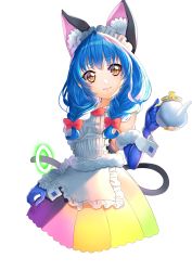 Rule 34 | 1girl, absurdres, alternate costume, animal ear fluff, animal ears, apron, blue gloves, blue hair, bow, bowtie, braid, cat ears, cat tail, cropped legs, cup, elbow gloves, enmaided, fur-trimmed gloves, fur trim, gloves, hair bow, highres, holding, long hair, looking at viewer, maid, maid headdress, multicolored clothes, multicolored skirt, pleated skirt, precure, red bow, red bowtie, simple background, skirt, sleeveless, solo, star twinkle precure, tail, teacup, twin braids, twintails, white apron, white background, yellow eyes, yuni (precure), yuutarou (fukiiincho)