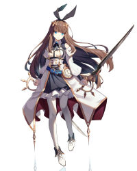 Rule 34 | 1girl, absurdres, alternate costume, belt, belt buckle, blue eyes, breasts, brown hair, buckle, calder (pixiv3698273), cleavage, cleavage cutout, clothing cutout, counter:side, full body, hair ornament, highres, holding, holding sword, holding weapon, long hair, looking at viewer, medium breasts, nanahara chinatsu, o-ring, skirt, solo, sword, very long hair, watch, weapon, white background, white footwear