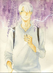 Rule 34 | 1boy, amber t, backpack, bag, chinese commentary, cigarette, closed mouth, collared shirt, cowboy shot, facing viewer, ginko, green eyes, hair over one eye, hand in pocket, hand up, highres, holding, holding cigarette, leaf, long sleeves, looking to the side, male focus, mushi (mushishi), mushishi, one eye covered, painting (medium), plant, popped collar, shirt, sideways glance, smoking, solo, standing, traditional media, watercolor (medium), white background, white hair, white shirt