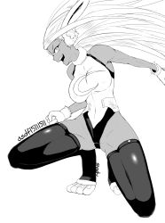 Rule 34 | 10s, 1girl, absurdres, animal ears, bad id, bad pixiv id, bare arms, bare shoulders, boku no hero academia, breasts, covered erect nipples, dark-skinned female, dark skin, excited, floating hair, full body, fur trim, gloves, greyscale, groin, happy, highres, large breasts, leotard, long hair, looking at viewer, mirko, monochrome, muscular, nipples, open mouth, pointy ears, rabbit ears, rabbit girl, simple background, sitting, sleeveless, smile, solo, squatting, teeth, thighhighs, tongue, very long hair, white background, white gloves, white hair