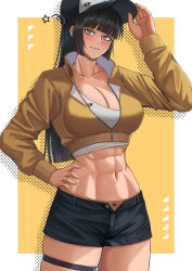 Rule 34 | 1girl, abs, absurdres, black hair, blue eyes, breasts, cleavage, cropped jacket, fax61209, hand on own hip, hat, highres, large breasts, long hair, muscular, muscular female, original, short shorts, shorts, solo, tank top, thick thighs, thighs