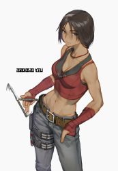 Rule 34 | 1girl, abs, animification, artist name, balisong, bandaged arm, bandages, black sports bra, breasts, brown eyes, brown hair, caveira (rainbow six siege), cleavage, commentary request, contrapposto, cowboy shot, crop top, dark-skinned female, dark skin, dated, denim, fingernails, grey pants, gun, hand in pocket, handgun, holding, holding knife, holster, holstered, jeans, jewelry, knife, low ponytail, medium breasts, midriff, muscular, muscular female, navel, necklace, pants, pistol, rainbow six, rainbow six siege, red tank top, solo, sports bra, switchblade, tank top, thigh holster, toned, twirling weapon, weapon, white background, youzu (youzuyozu)