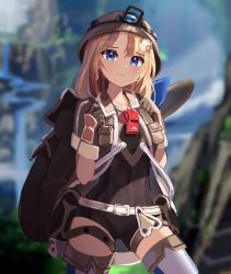 Rule 34 | 1girl, backpack, bag, belt, belt pouch, blonde hair, blue eyes, blurry, blurry background, brown gloves, cliff, collarbone, cosplay, cowboy shot, day, dayshiart, depth of field, gloves, highres, hill, hololive, hololive english, leotard, lips, looking at viewer, made in abyss, medium hair, mining helmet, mountain, open clothes, open vest, outdoors, pouch, riko (made in abyss), riko (made in abyss) (cosplay), solo, sunlight, thigh strap, thighhighs, tree, vest, vest pouch, virtual youtuber, water, waterfall, watson amelia, whistle, whistle around neck, white thighhighs