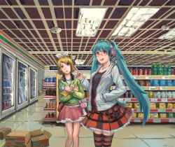 Rule 34 | 2girls, 7-eleven, :o, alternate eye color, aqua hair, bag, bespectacled, black shirt, blonde hair, blue eyes, bow, box, can, cardboard box, casual, ceiling, ceiling light, convenience store, crossed arms, drink can, flipped hair, frilled skirt, frills, glasses, grey jacket, hair bow, hair ornament, hand in pocket, hatsune miku, head tilt, headphones, headphones around neck, horizontal-striped legwear, index finger raised, indoors, jacket, jewelry, kagamine rin, long hair, long sleeves, looking at viewer, multiple girls, necklace, newx, open clothes, open jacket, open mouth, pendant, pepsi, perspective, plaid, plaid skirt, red-framed eyewear, red eyes, red skirt, ribbon, shelf, shirt, shop, short hair, shoulder bag, signature, skirt, smile, soda bottle, soda can, striped clothes, striped legwear, striped thighhighs, sweater, thighhighs, tile floor, tiles, twintails, very long hair, vocaloid, white ribbon, x hair ornament, zettai ryouiki