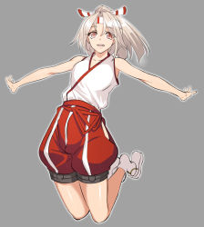 Rule 34 | 10s, 1girl, bare shoulders, brown eyes, collarbone, full body, hachimaki, headband, high ponytail, japanese clothes, jonylaser, kantai collection, outstretched arms, pants, parted lips, red pants, silver hair, sleeveless, smile, socks, solo, spread arms, white socks, zuihou (kancolle)