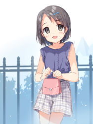 Rule 34 | 1girl, bag, black eyes, black hair, blue bow, bow, bracelet, braid, check commentary, checkered shorts, child, collarbone, commentary request, day, fence, flat chest, grey shorts, hair bow, handbag, holding, holding bag, idolmaster, idolmaster cinderella girls, jewelry, light blush, looking at viewer, nanikammm, open mouth, outdoors, pink bag, plate, purple shirt, sasaki chie, shirt, short hair, shorts, simple background, sleeveless, sleeveless shirt, smile, solo, thighs