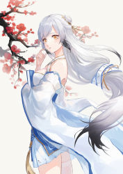 Rule 34 | 1girl, azur lane, bare shoulders, black hair, blue skirt, book, branch, breasts, cleavage, criss-cross halter, flower, from side, gradient hair, hai tien (azur lane), hair flower, hair ornament, halterneck, highres, holding, holding book, long hair, looking to the side, medium breasts, miniskirt, multicolored hair, red flower, sensu, simple background, single thighhigh, skirt, solo, standing, thighhighs, very long hair, white background, white flower, white hair, yellow eyes