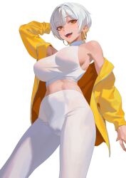 Rule 34 | :d, arm behind head, blonde hair, breasts, cameltoe, cropped legs, earrings, highres, hongcasso, hoop earrings, jacket, jewelry, large breasts, looking at viewer, luvdia, medium hair, midriff, multicolored hair, off shoulder, open mouth, pants, park dona, parted bangs, shirt, sideboob, sidelocks, smile, streaked hair, two-tone hair, white background, white hair, white pants, white shirt, yellow eyes, yellow jacket, yoga pants