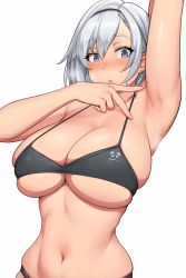 Rule 34 | 1girl, arm up, armpits, azur lane, black bra, black hairband, blue eyes, blush, bra, breasts, commentary, curvy, earrings, hairband, highres, huge breasts, jewelry, looking at viewer, lvl (sentrythe2310), navel, parted hair, presenting armpit, reno (azur lane), short hair, simple background, solo, spread armpit, underboob, underwear, underwear only, white background