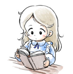 Rule 34 | 1girl, bad id, bad twitter id, black eyes, blonde hair, blush stickers, book, child, female focus, frills, holding, holding book, inactive account, long hair, original, reading, simple background, solo, white background, youseisan255