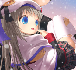 Rule 34 | blue eyes, buttons, carrying, fang, hat, large buttons, little busters!, long hair, noumi kudryavka, plaid, plaid skirt, princess carry, school uniform, serafuku, silver hair, skirt, solo focus, thighhighs, uni (plastic girl)
