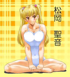 Rule 34 | barefoot, blonde hair, breasts, breasts squeezed together, covered erect nipples, feet, full body, hands on feet, huge breasts, kamia (not found), large breasts, long hair, matsuoka kiyone, one-piece swimsuit, original, plantar flexion, red eyes, solo, swimsuit, twintails, white one-piece swimsuit