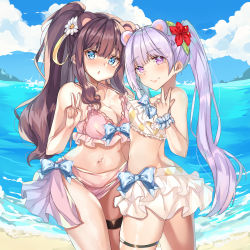 Rule 34 | 2girls, absurdres, beach, bikini, bikini top only, blue eyes, blue sky, blunt bangs, blush, bow, breasts, brown hair, cloud, cowboy shot, female focus, flower, frilled bikini, frilled bikini top, frills, hair flower, hair ornament, highres, kanniiepan, large breasts, long hair, looking at viewer, looking back, multiple girls, navel, new game!, ocean, open mouth, ponytail, purple eyes, purple hair, sidelocks, skirt, sky, small breasts, smile, summer, suzukaze aoba, swimsuit, takimoto hifumi, thigh strap, twintails