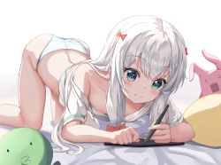 Rule 34 | 1girl, absurdres, all fours, ass, blue eyes, blush, bow, breasts, commentary request, downblouse, drawing, eromanga sensei, hair bow, highres, izumi sagiri, long hair, no pants, off shoulder, panties, ribbon, short sleeves, silver hair, simple background, small breasts, smile, solo, striped clothes, striped panties, stuffed animal, stuffed rabbit, stuffed toy, stylus, tablet pc, thighs, top-down bottom-up, underwear, white background, zeroillya