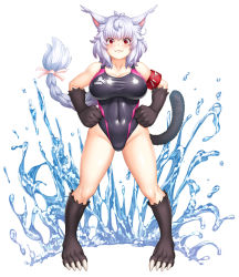 Rule 34 | 00s, 1girl, animal ears, animal hands, braid, breasts, cat ears, cat girl, cat paws, cat tail, competition swimsuit, crakul, curvy, fangs, female focus, highres, large breasts, lilith-soft, looking at viewer, nobushito kuro, one-piece swimsuit, orange eyes, shiny skin, silver hair, smile, solo, standing, swimsuit, tail, taimanin (series), taimanin asagi, taimanin rpgx, water