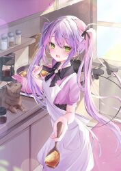 Rule 34 | 1girl, absurdres, afterimage, alternate costume, apron, black bow, black bowtie, black ribbon, blush, bow, bowtie, cat, coffee maker, cooking, cooking pot, demon tail, ear piercing, fang, frying pan, giving, giving food, green eyes, hair ribbon, hand up, highres, hololive, indoors, kitchen, lens flare, long hair, looking at viewer, motion lines, multicolored hair, open mouth, pepper shaker, piercing, pink hair, pink shirt, potato, purple hair, ribbon, ririge, salt shaker, shirt, short sleeves, solo, sparkle, standing, tail, tail ornament, tail piercing, tail wagging, tokoyami towa, twintails, two-tone hair, virtual youtuber, white apron, wooden spoon