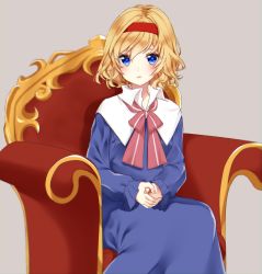 Rule 34 | 1girl, absurdres, alice margatroid, bad id, bad pixiv id, blonde hair, blue dress, blue eyes, blush, capelet, chair, commentary request, dress, expressionless, eyelashes, fingernails, grey background, hair between eyes, hairband, highres, looking at viewer, nail polish, neck ribbon, own hands clasped, own hands together, pink nails, ribbon, shinonome asu, short hair, simple background, sitting, sleeve cuffs, solo, striped ribbon, thick eyebrows, touhou, white capelet
