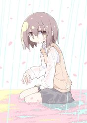 Rule 34 | 1girl, asameshi, black skirt, brown eyes, brown hair, cherry blossoms, commentary request, dripping, highres, long sleeves, looking at viewer, misaka mikoto, mouth hold, petals, rain, shirt, short hair, sitting on water, skirt, solo, sweater vest, toaru kagaku no railgun, toaru majutsu no index, water, wet, wet clothes, wet shirt, white background, white shirt