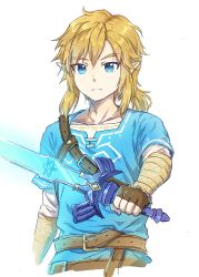 Rule 34 | 1boy, absurdres, belt, belt buckle, blonde hair, blue eyes, brown belt, brown gloves, buckle, closed mouth, collarbone, commentary request, cropped torso, fingerless gloves, gloves, glowing, glowing sword, glowing weapon, hair between eyes, highres, holding, holding sword, holding weapon, kaoling, layered sleeves, link, long sleeves, looking at viewer, male focus, nintendo, pointy ears, short over long sleeves, short sleeves, simple background, solo, sword, the legend of zelda, the legend of zelda: breath of the wild, triforce, tunic, upper body, weapon, white background