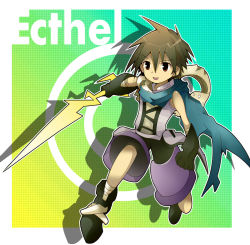 Rule 34 | blue scarf, brown eyes, brown hair, ecthel (riviera), holding, holding sword, holding weapon, riviera, scarf, sword, weapon