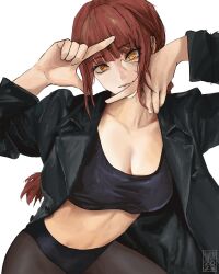 Rule 34 | 1girl, black jacket, braid, braided ponytail, breasts, chainsaw man, cleavage, crop top, finger frame, head tilt, highres, jacket, large breasts, long hair, looking at viewer, makima (chainsaw man), pantyhose, red hair, ringed eyes, sidelocks, simple background, solo, taorotana, white background, yellow eyes