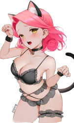 Rule 34 | 1girl, absurdres, animal ear fluff, animal ears, arm up, bare shoulders, bell, black bra, black panties, blush, bra, braid, breasts, cameltoe, cat ears, cat tail, cleavage, cleft of venus, collarbone, cropped legs, cuffs, eden (shiroki yuutsu), forehead, frilled bra, frills, highres, jingle bell, large breasts, looking at viewer, navel, neck bell, open mouth, original, panties, paw pose, pink hair, short hair, side braid, signature, solo, tail, thigh strap, underwear, underwear only, yellow eyes