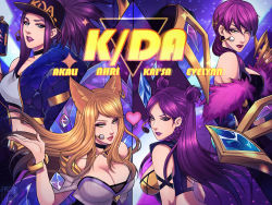 Rule 34 | 4girls, absurdres, ahri (league of legends), akali, breasts, character name, cleavage, evelynn (league of legends), heart, highres, huge filesize, idol, k/da (league of legends), k/da ahri, k/da akali, k/da evelynn, k/da kai&#039;sa, kai&#039;sa, league of legends, lipstick, makeup, multiple girls, nail polish, official alternate costume