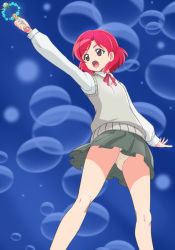 Rule 34 | 1girl, arm up, blue background, character request, copyright request, haruyama kazunori, long sleeves, open mouth, panties, pantyshot, precure, red eyes, red hair, red ribbon, ribbon, school uniform, short hair, skirt, solo, standing, underwear, white panties